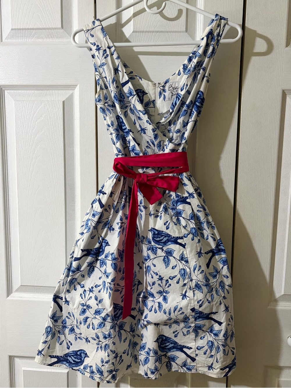 Bea and Dot by ModCloth Blue and White Floral dress w/ Pink Accent ribbon belt
